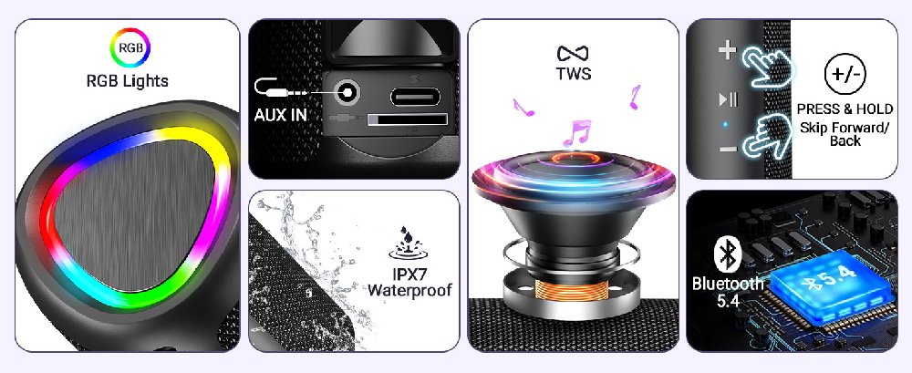 Multi-panel product interface display showing RGB color wheel, wireless charging symbol, and blue lighting effects. Technical product specifications shown in black and white panels.